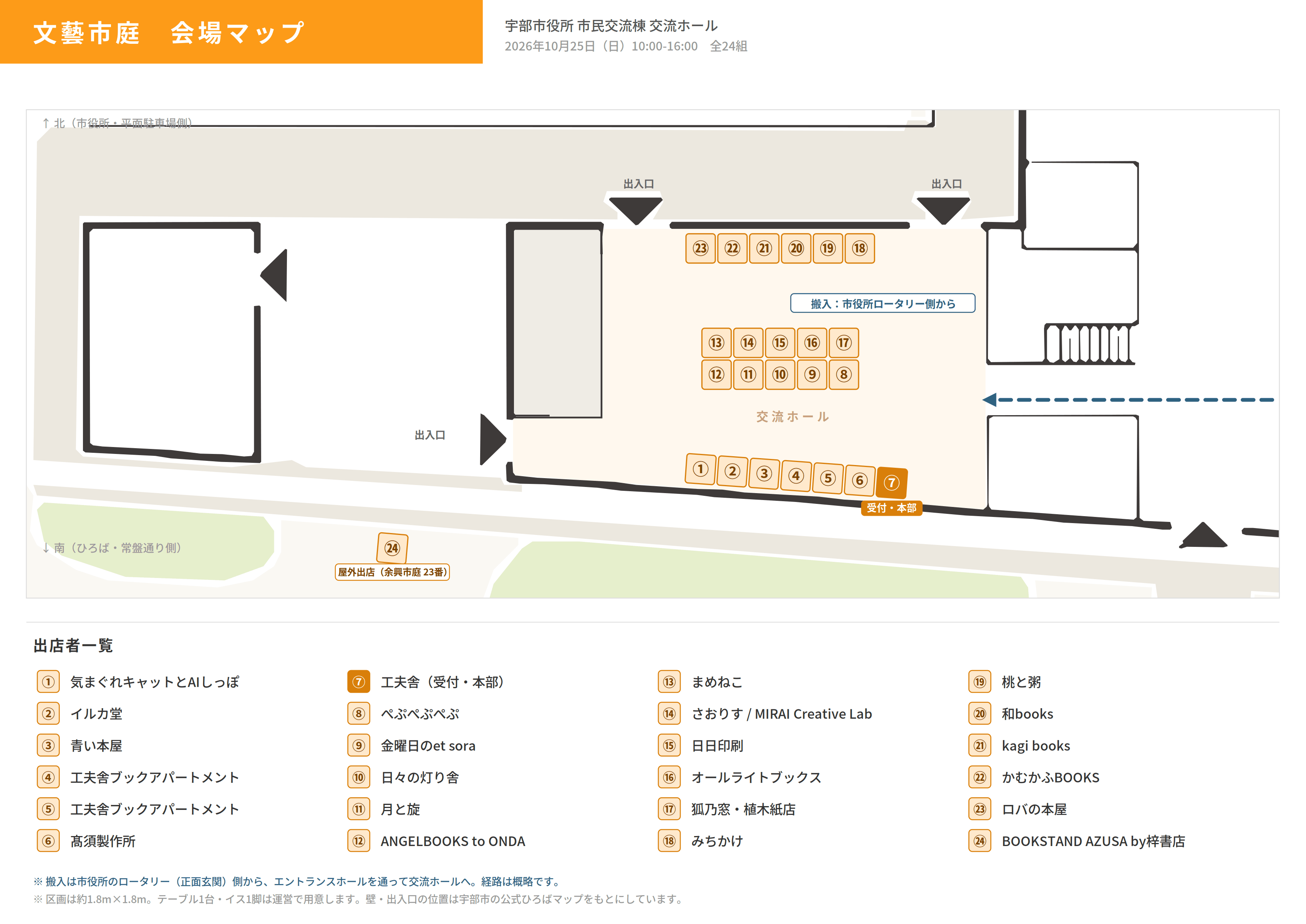 文藝市庭の会場マップ。交流ホール内の1番から24番までの区画と出店者名を示した図