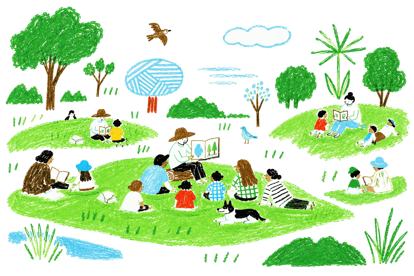 芝生に腰をおろして絵本の読み聞かせに耳をかたむける人たちのイラスト